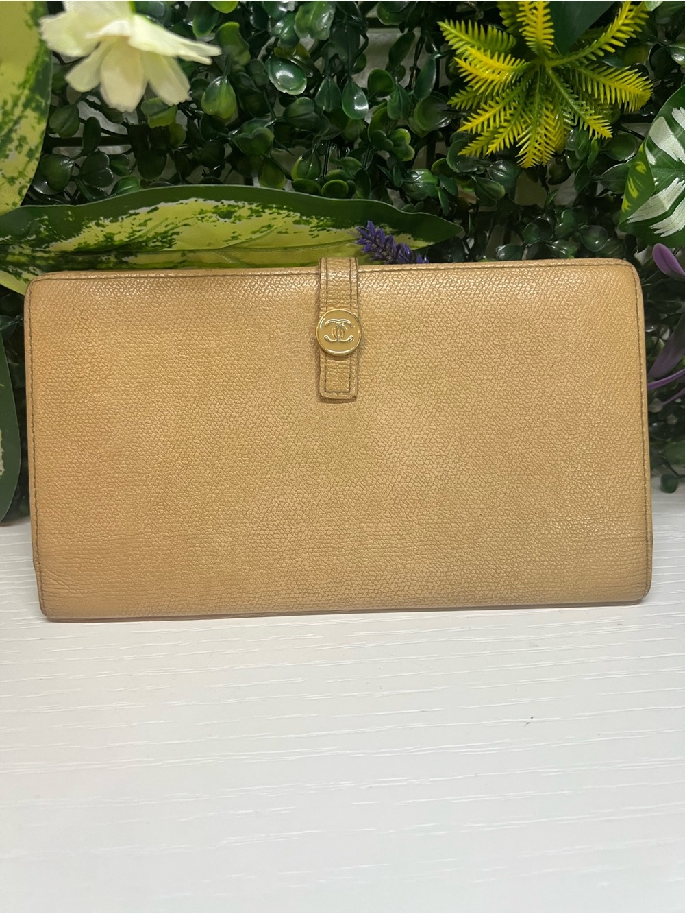 CHANEL Tan Pebbled Leather Long Wallet with CC Snap